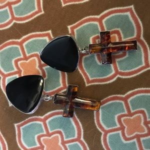 Joan Slifka Onyx clip earrings with Amber cross